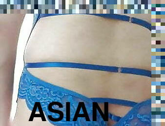 Asian CD Stephy in booty shorts and blue lingerie