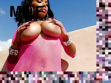 Havana ginger in a pink fishnet bodysuit reveals her knockers