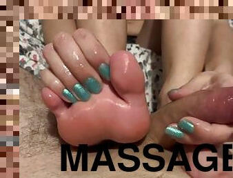 Slow masturbation massage and footjob, cum on beautiful oily feet. Feet fetish