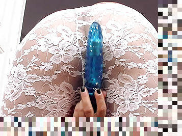 Sandra enjoys her light blue dildo