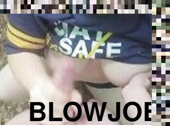 Blow job in the woods ends with a bang