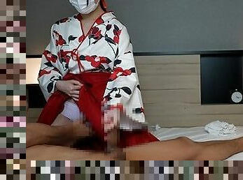 Japanese girl was finger fucked wearing Japanese traditional kimono