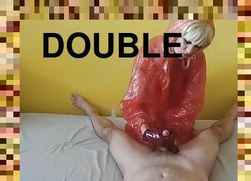 Raincoat double orgasm handjob using pvc gloves