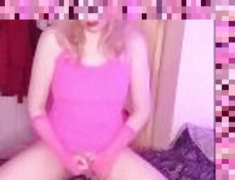Bimbo Tgirl Strokes Her Cock in Slutty Pink Dress