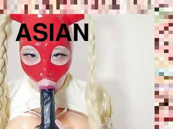 asiatique, masturbation, amateur, ejaculation-sur-le-corps, énorme-bite, jouet, gode, fétiche, latex, bite