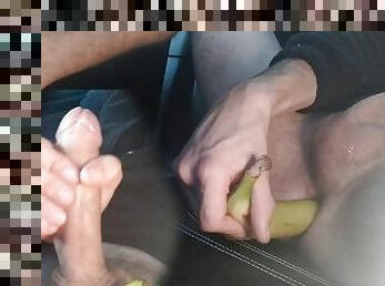 Big Cock Man in Car, Train His Anus with a Small Toy, then Insert Half a Banana, Likes It and Cums