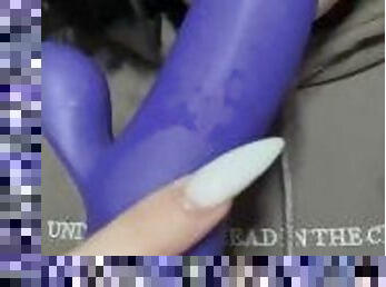 Cutie sucks purple cock.