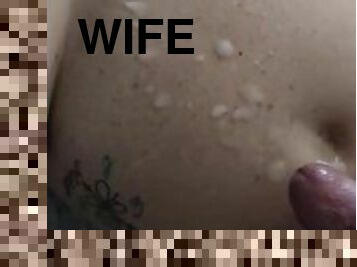 Fucking wife from behind, cumming on stomach