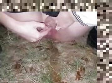 Outdoor risky pee in public wood, filmed by a stranger