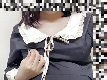 Japanese girl in cute outfit masturbates