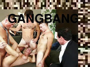 Elegant blonde lady finds herself in the middle of a gangbang
