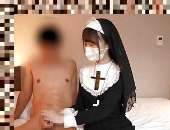 Japanese girl give a guy a hand job cosplayed as a nun