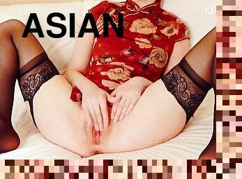 asia, pantat, amatir, mainan, stocking-stockings, seorang-diri