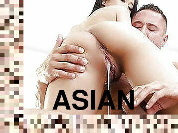 asiatisk, storatuttar, gigantisk-kuk, creampie, kåt, knullande, vagina, tuttar, close-up, rövhål