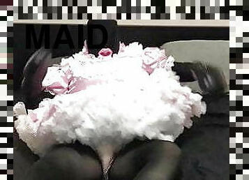 Frilly Sissy Diapered Maid Shows Off Outfit And Sucks Dildo