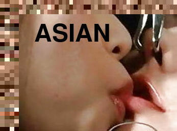 asiatisk, mogen, lesbisk, japansk, gruppsex, slav, kyssar, förnedring, brunett