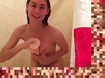 Latino teen girl exercise then shower with dildo