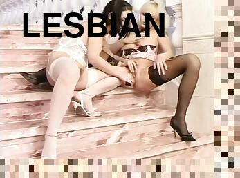 sexy lesbos toying on the stairs - Pleasure Photorama