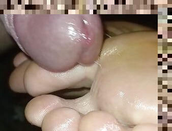 Worshipping her sweaty feet with footjob and cumshot