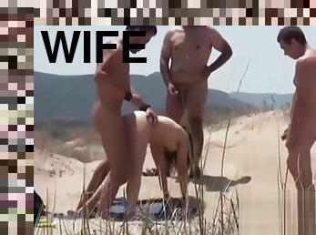 nudista, nyilvános, feleség, amatőr, kamera, tengerpart, kukkolás