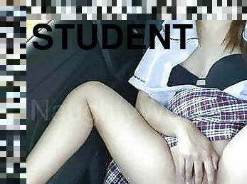 asiatisk, onani, orgasme, udendørs, skolepige, student, teenager, fingering, bil, liderlig