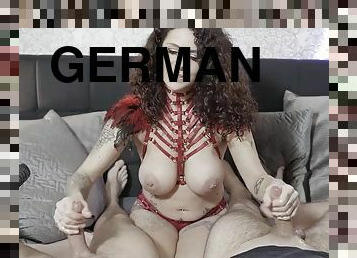 German tattooed mom with big tits Mara gives double handjob to stepson and friend