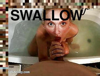 MyDirtyHobby - Curly babe swallows a big load in the bathtub
