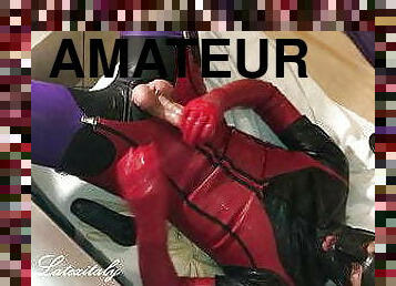 Face cumshots wearing latex catsuit and rubber body