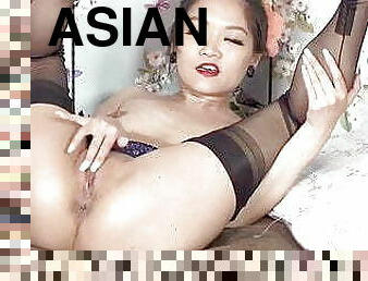 asiatisk, masturbation, fitta-pussy, strumpor, underkläder, perfekt, petit, nylon, höga-klackar, ben