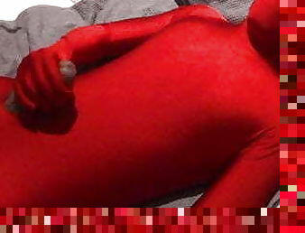 Red Zentai Twink Finishes Off Handjob