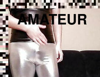 Spandex boy jerking off in silver leggings