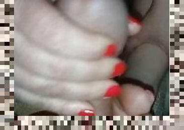 Handjob and footjob with red nails