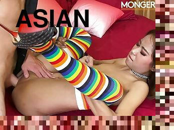 asiatisk, storatuttar, smal, avsugning, thailändsk, sprut, vagina, tuttar, close-up, rövhål