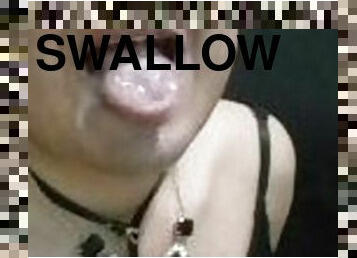 cum in mouth for a trans, playing with cum and swallow