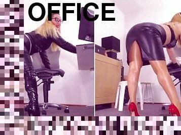 escritório, meia-calça, secretária-secretary, fetiche, botas, nylon, cabedal, pernas, provocando