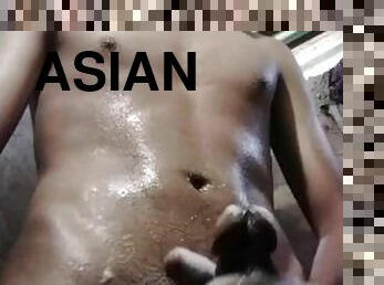 asiatisk, bading, onani, amatør, tenåring, handjob, runking, cum, søt, alene