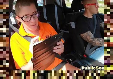 Nerdy driving instructor rides students cock