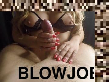 Red lipstick Blowjob with cum on my big tits - He couldn't resist my wet Handjob - Joy June