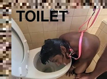 Human toilet Indian whore get pissed on and get her head flushed followed by sucking dick.