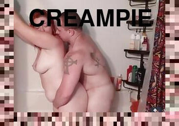 Shower sex leads to creampie on the couch
