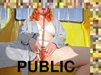 Risky Solo Pleasure on Public Ferris Wheel  Red Hairy Pussy Outdoor Orgasm Big Tits MILF GingerAle