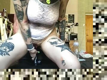 girl playing with herself masturbation with dildo, big breasts and tattoo