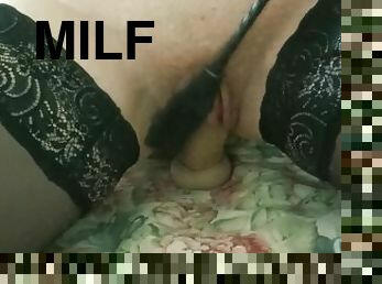 Slut MILF rides on big dildo & spunk pussy