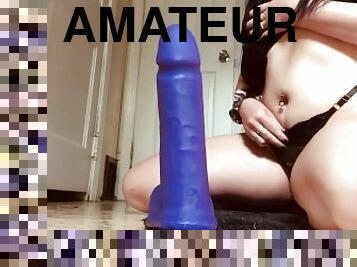 Teen tries deepthroating a dildo