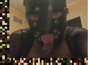 Submissive leather mask wearing slave drooling gagging all over a bbc