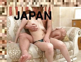 Horny guy plays with Japanese babe hairy cunt using a big dildo