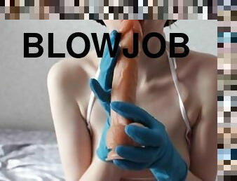 SEXY SCHOOLGIRL IN BLUE MEDICAL GLOVES SUCKS A BIG DILDO SLOBBERY BLOWJOB CLOSE UP MOUTH FETISH
