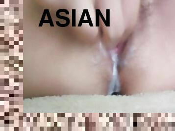 asiatisk, onani, orgasme, fisse-pussy, sprøjte, våd