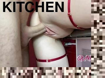 muschi, dilettant, babe, junge, selbst-gefertigt, creampie, gesichtspunkt, küche, oral, fotze