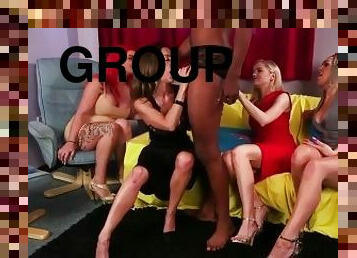 Brit cfnm dommes suck in this kinky interracial group